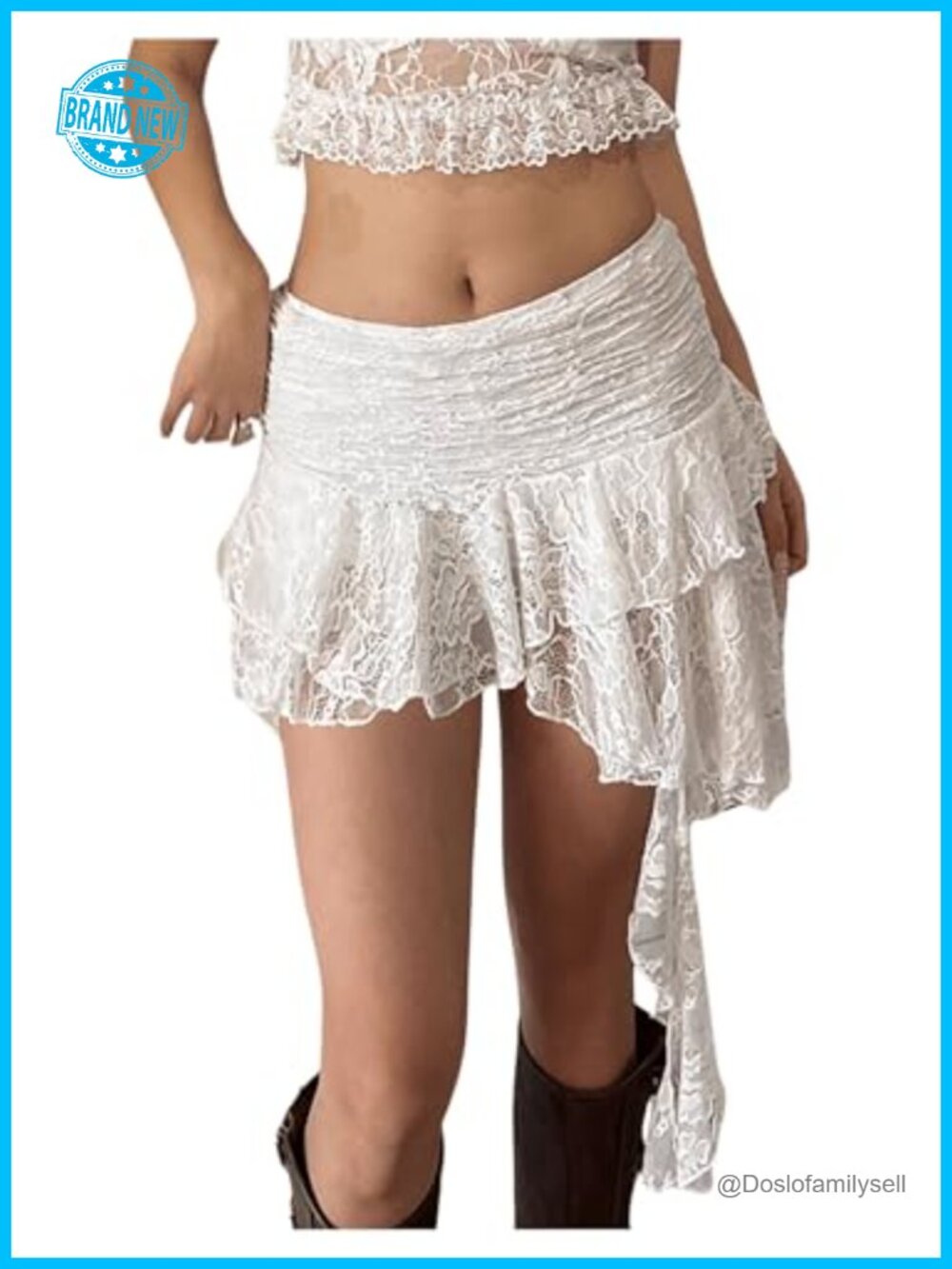 Floral Lace Ruched Asymmetrical Mini Skirt Ruffle Hem Low Rise